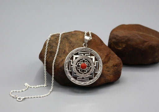 Coral Inlaid Mandala Sterling Silver Pendant - nepacrafts