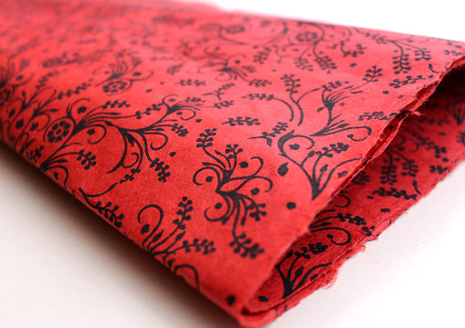 Black Flower & Leaf Printed Red Handmade Gift Wrapping Lokta Paper Sheets - nepacrafts