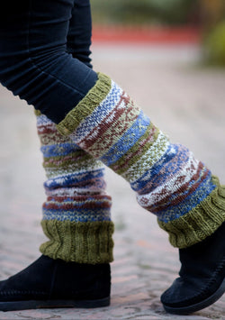 Villarica Legwarmer Pachamama hand knitted fashionable wool leg warmers,  with heart dotted stripes. Fair trade and handmade in Nepal.