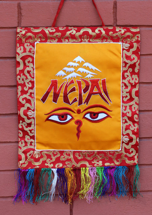 Brocade Framed Buddha Eyes and NEPAL Embroidery Wall Hanging