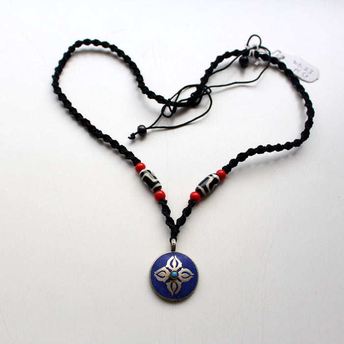 Lapis Inlaid White Metal Double Dorjee Pendant - nepacrafts