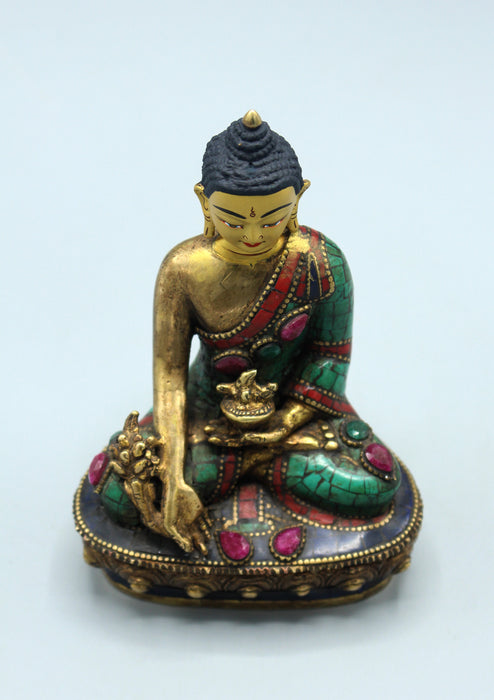 Face Painted Ruby and Emerald Inlaid Medicine Buddha Statue 5.5"