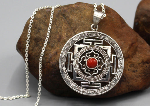 Coral Inlaid Mandala Sterling Silver Pendant - nepacrafts