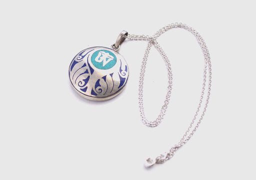 Tibetan Om and Lotus Painted White Metal Pendant - nepacrafts