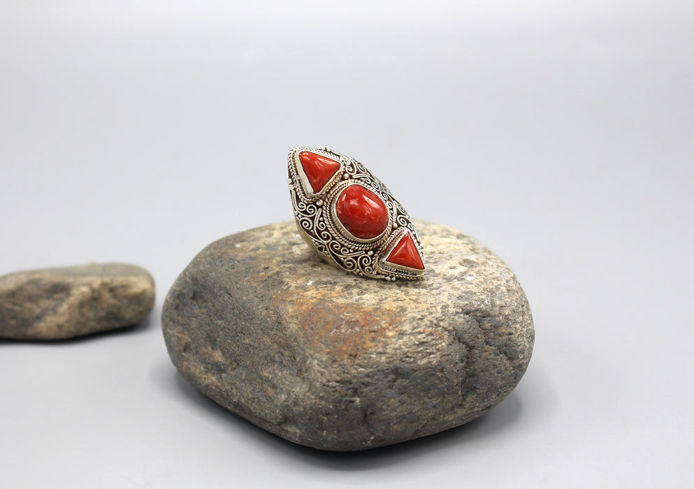 Coral Inlaid Sterling Silver Wide Finger Ring - nepacrafts